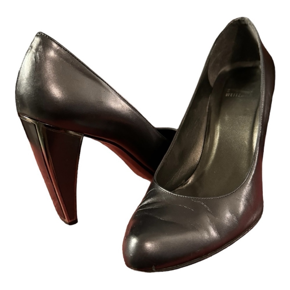 Stuart Weitzman Black Leather Pumps with Silver Accent Block Heel, Size 9